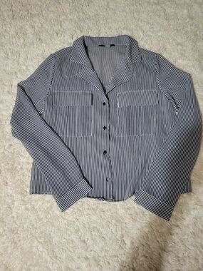 Tahari Sheer Black and White Striped Button-Down Shirt | XS